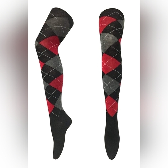 Argyle Patterned Black, Red, and Gray Women's Socks - Picture 1 of 3